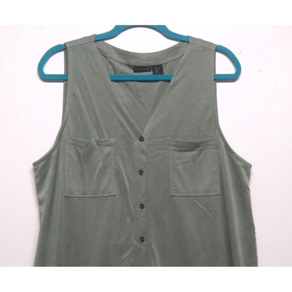 Tahari dress sage green XL lagenlook front buttons sleeveless chest pockets EUC - Picture 3 of 7